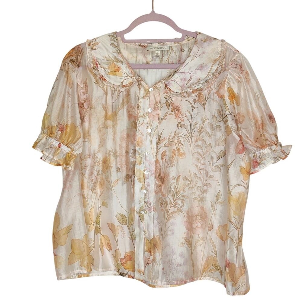 Lucky & Coco Delicate Peach Floral Romantic Short Sleeve Blouse Large Coquette
